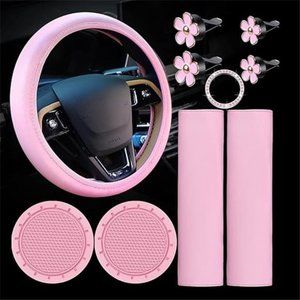 10 Pc Pink Leather Steering Wheel Cover Set - With Seat Belt Pads, Cup Holders